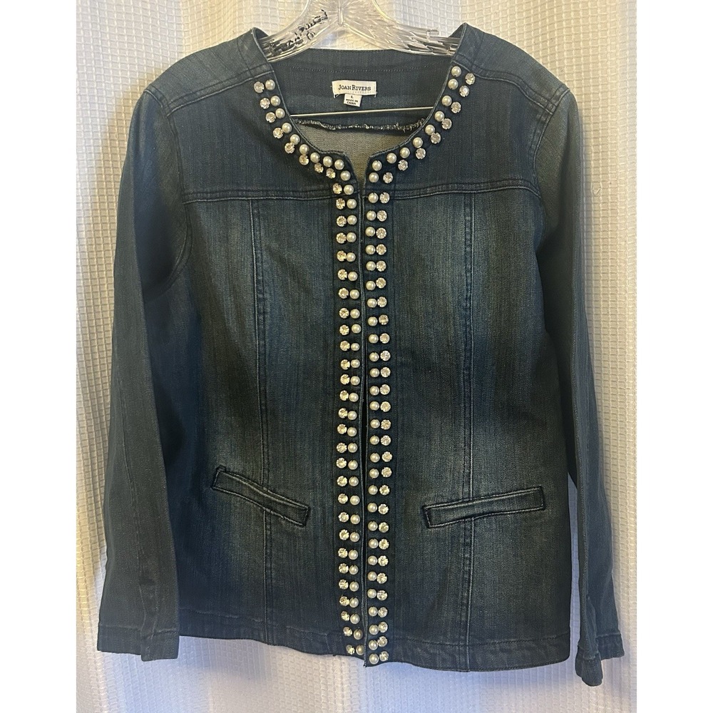 Joan Rivers Womens Denim Jacket W/ Faux Pearls & Rhinestones Large